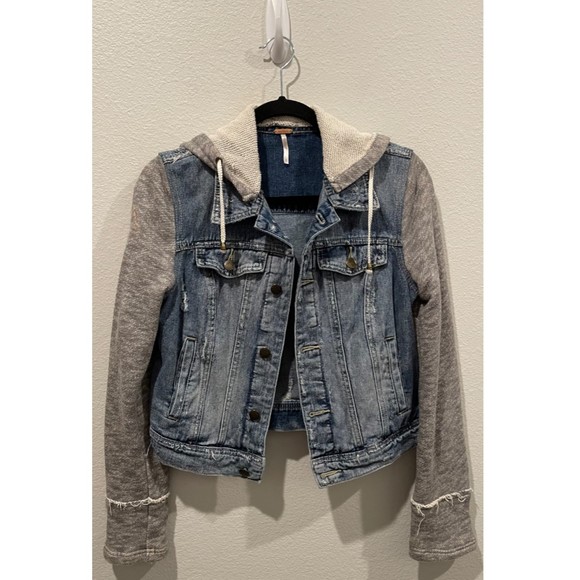 FREE PEOPLE Knit Sweatshirt Hooded Denim Jacket - Picture 1 of 4